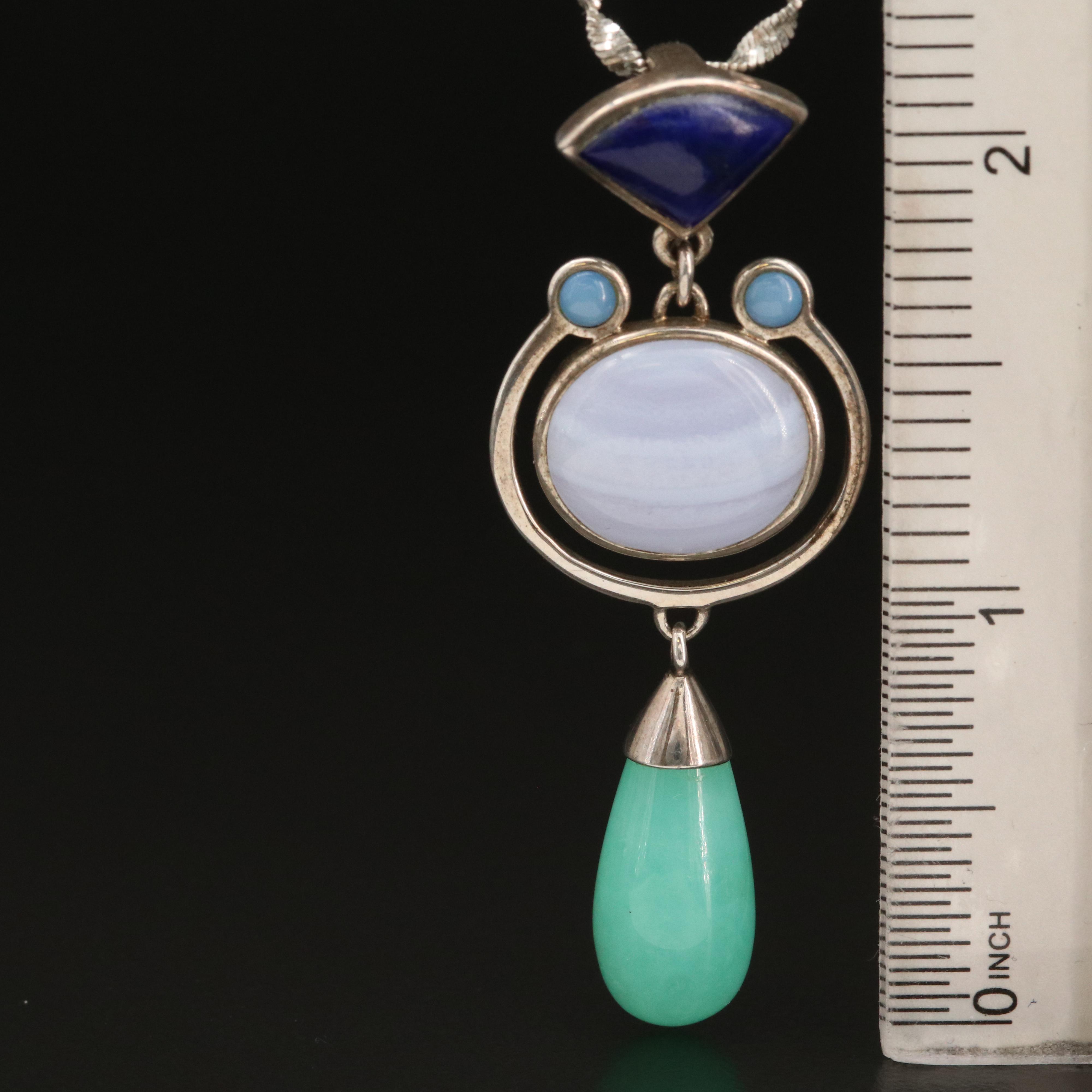 Sterling Lace Agate, Sodalite and Quartzite Pendant Necklace