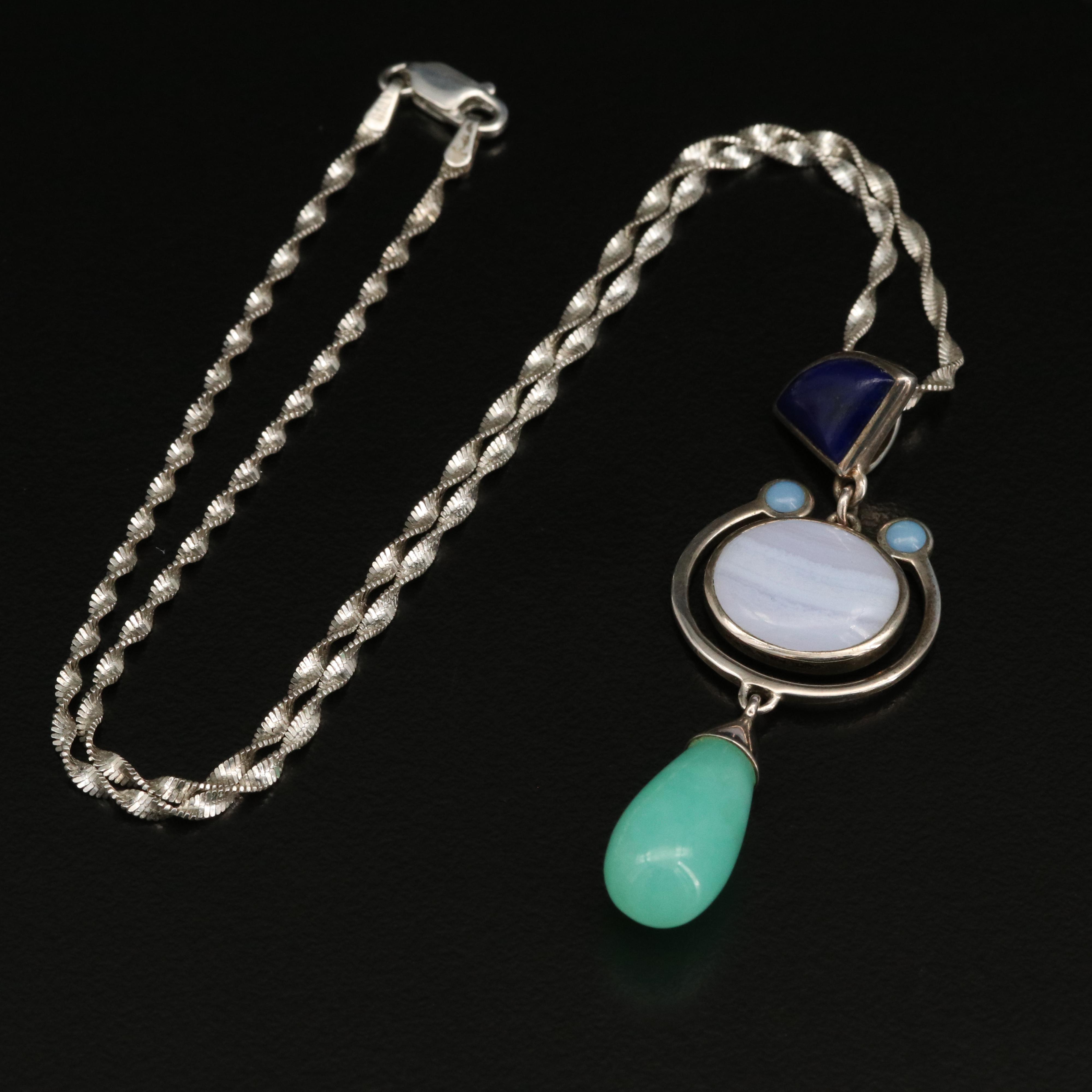 Sterling Lace Agate, Sodalite and Quartzite Pendant Necklace