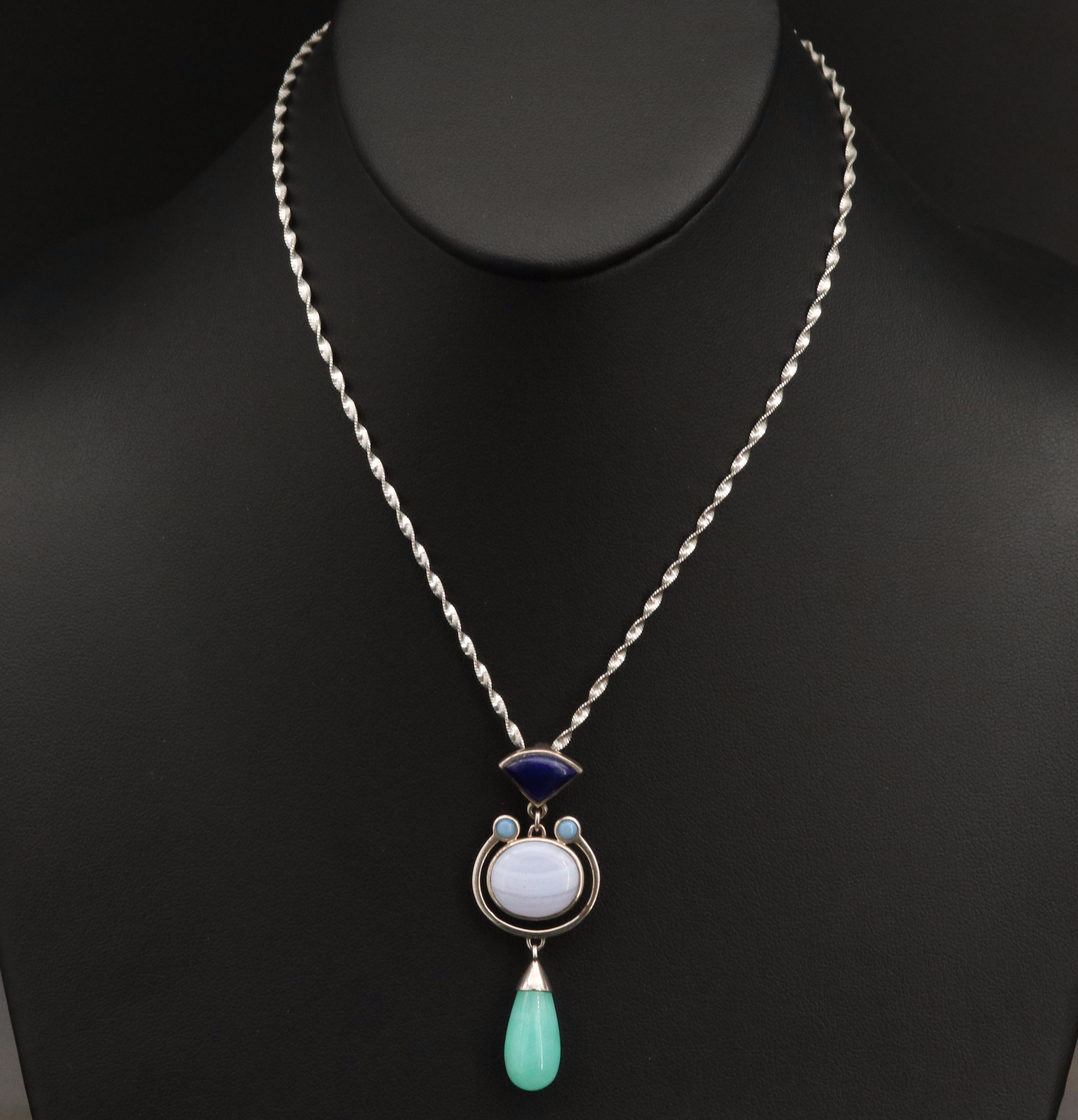 Sterling Lace Agate, Sodalite and Quartzite Pendant Necklace
