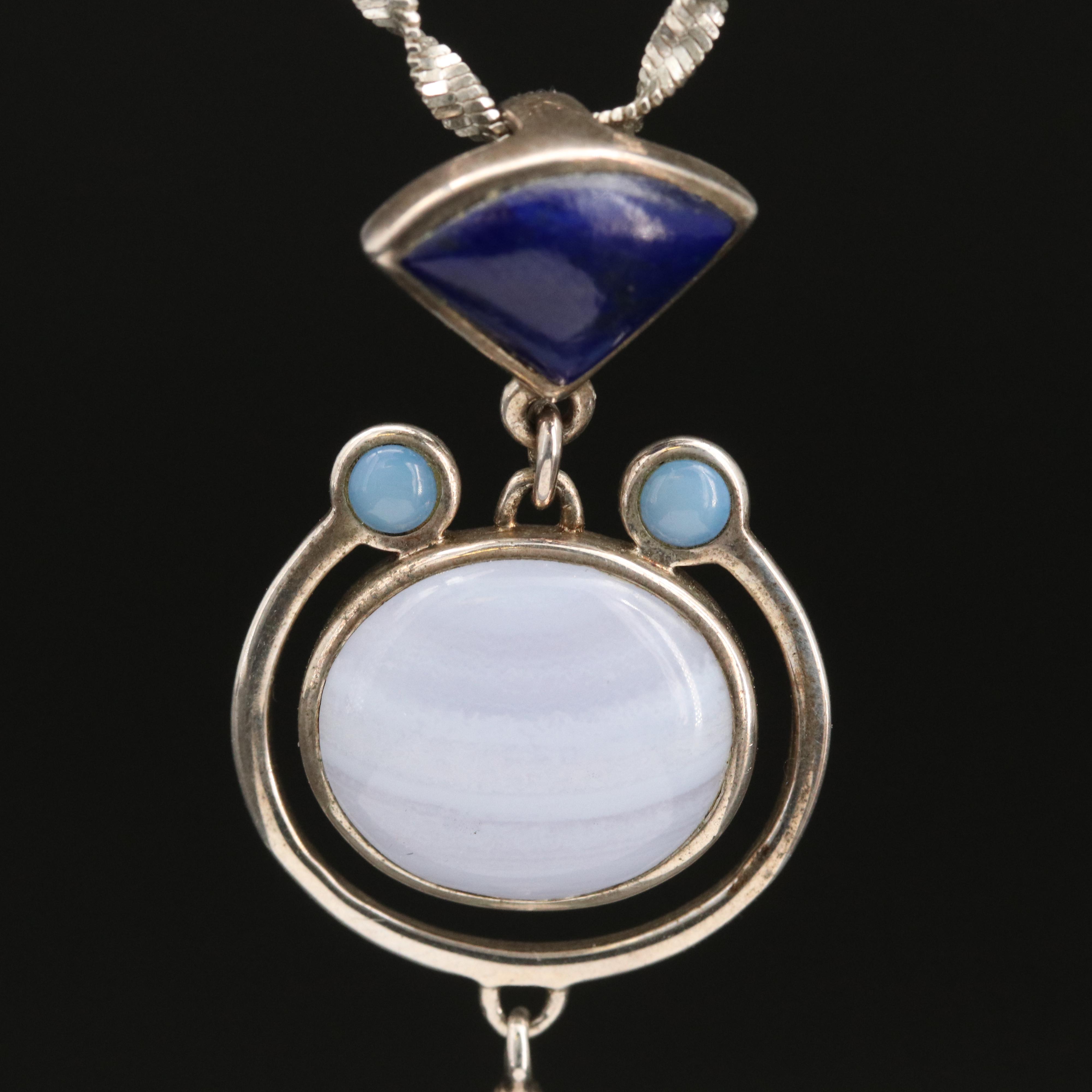 Sterling Lace Agate, Sodalite and Quartzite Pendant Necklace