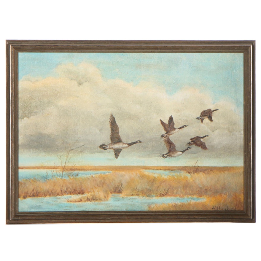 A. Hughes Oil Painting of Flying Geese, Late 20th Century