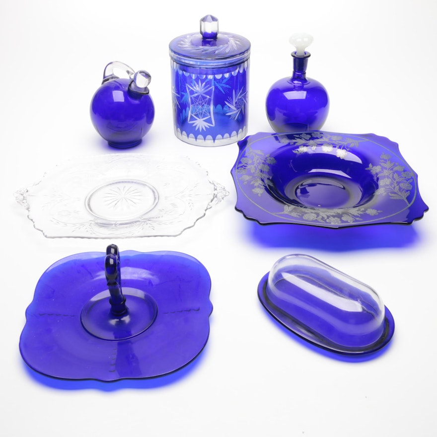 Cobalt Cut-to-Clear Glass Biscuit Jar, Sterling Inlay Bowl, and Other Tableware