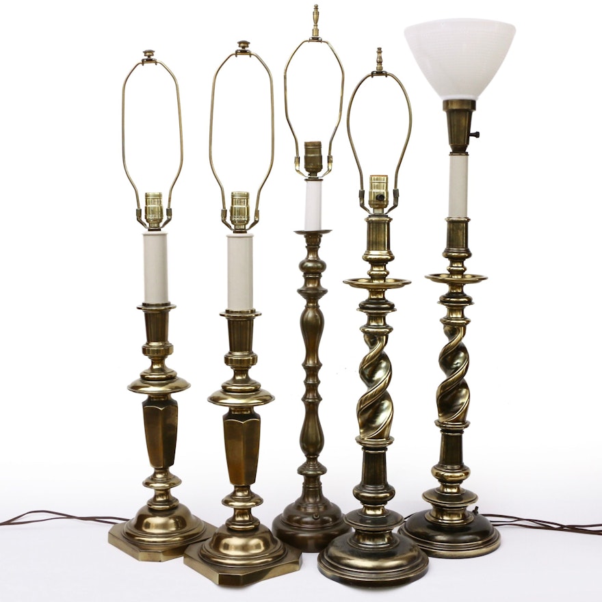 Stiffel and Other Pillar and Barley Twist Brass Table Lamps, Mid-20th C