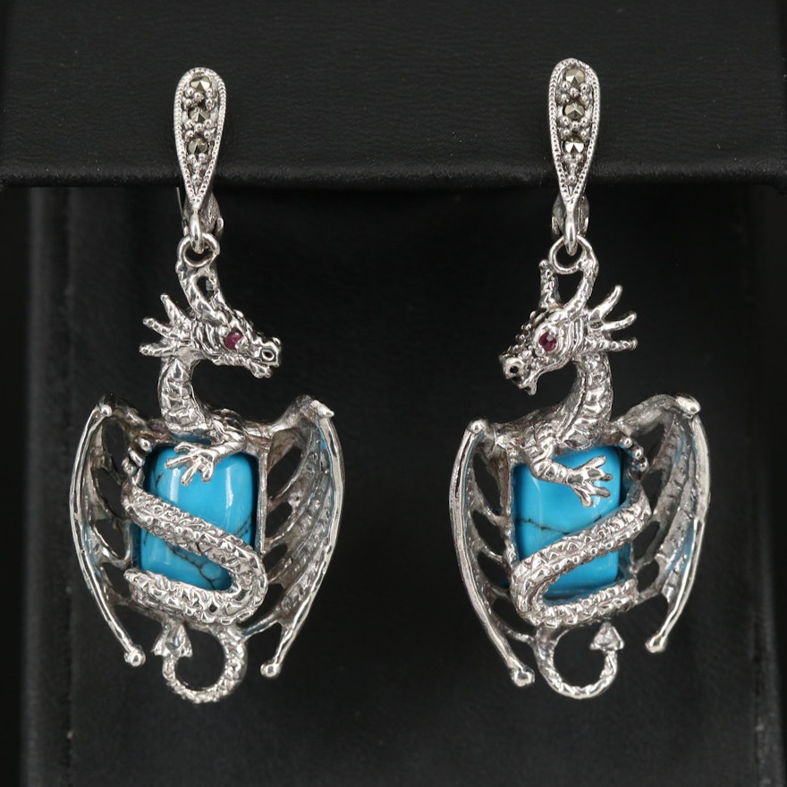 Sterling Faux Turquoise, Ruby and Marcasite Dragon Earrings