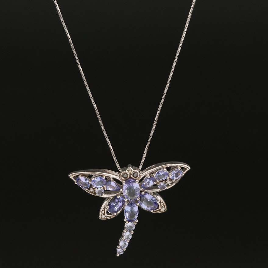 Sterling Tanzanite and Diamond Dragonfly Pendant Necklace