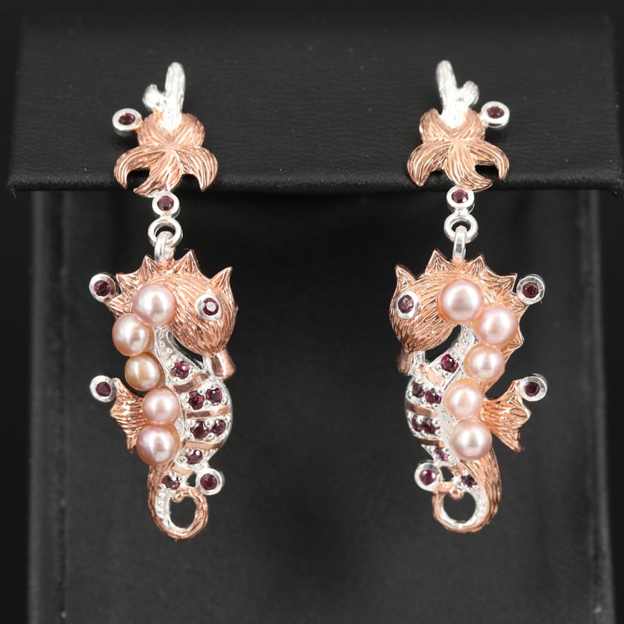 Sterling Rhodolite Garnet and Pearl Seahorse Earrings