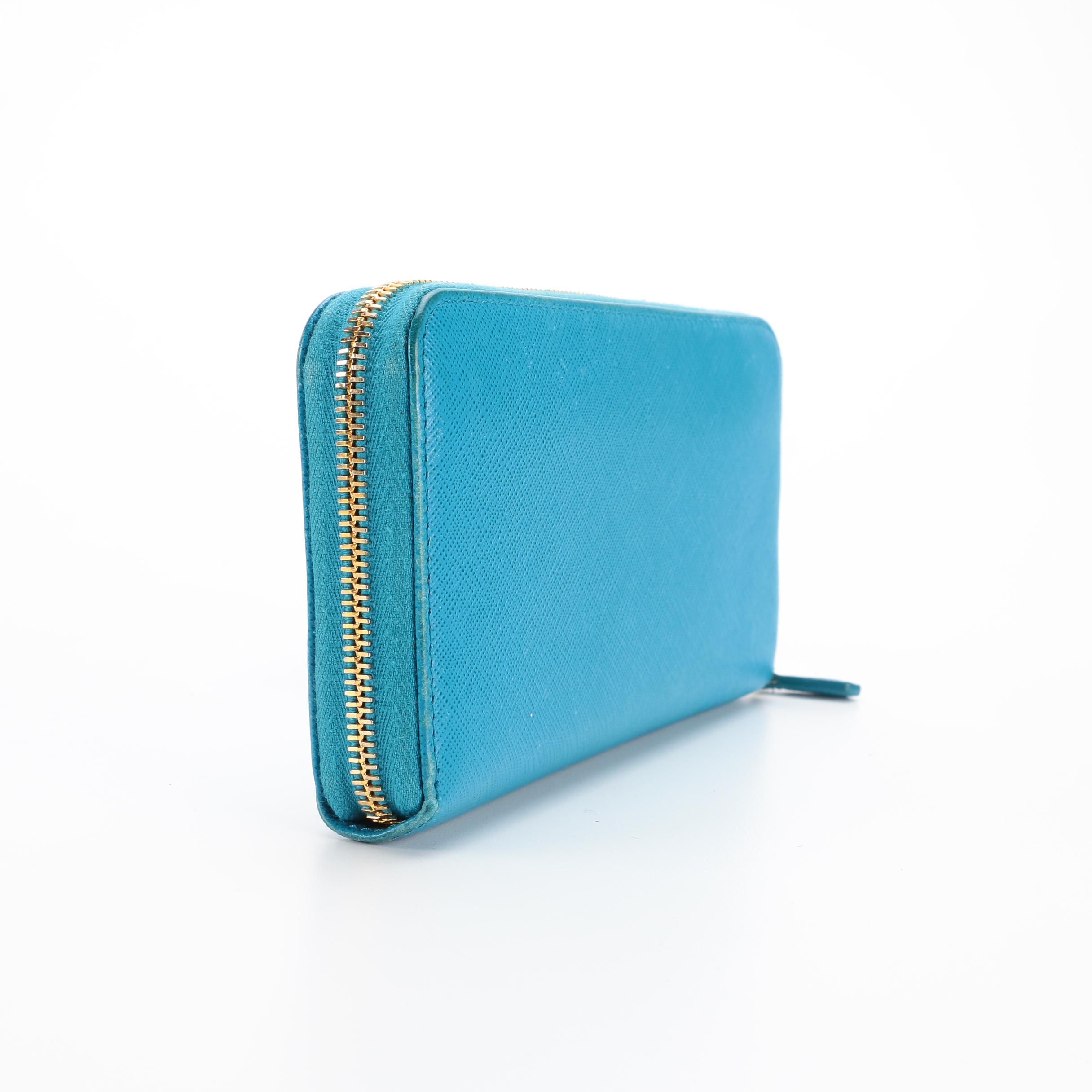 Prada Zippered Wallet 1ML506 in Celeste Saffiano Leather with Box