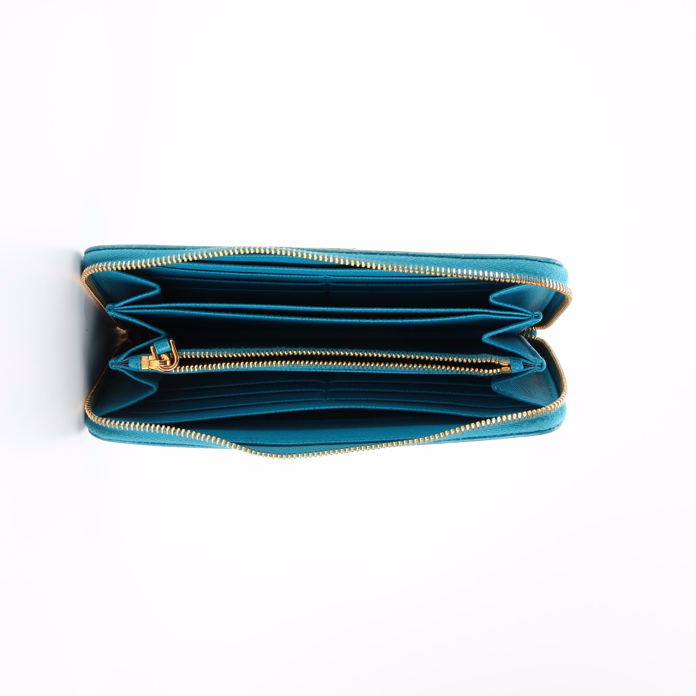 Prada Zippered Wallet 1ML506 in Celeste Saffiano Leather with Box