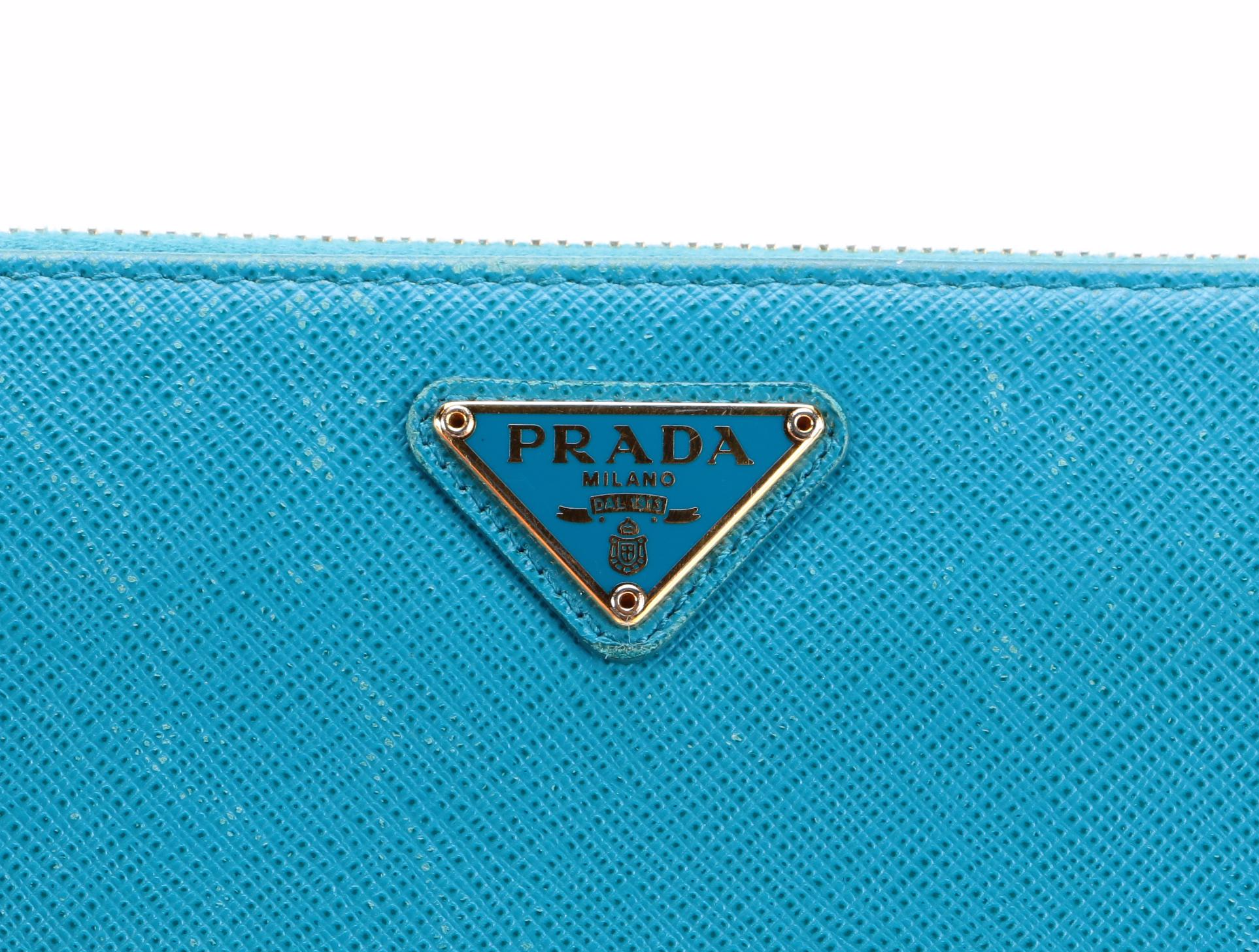 Prada Zippered Wallet 1ML506 in Celeste Saffiano Leather with Box