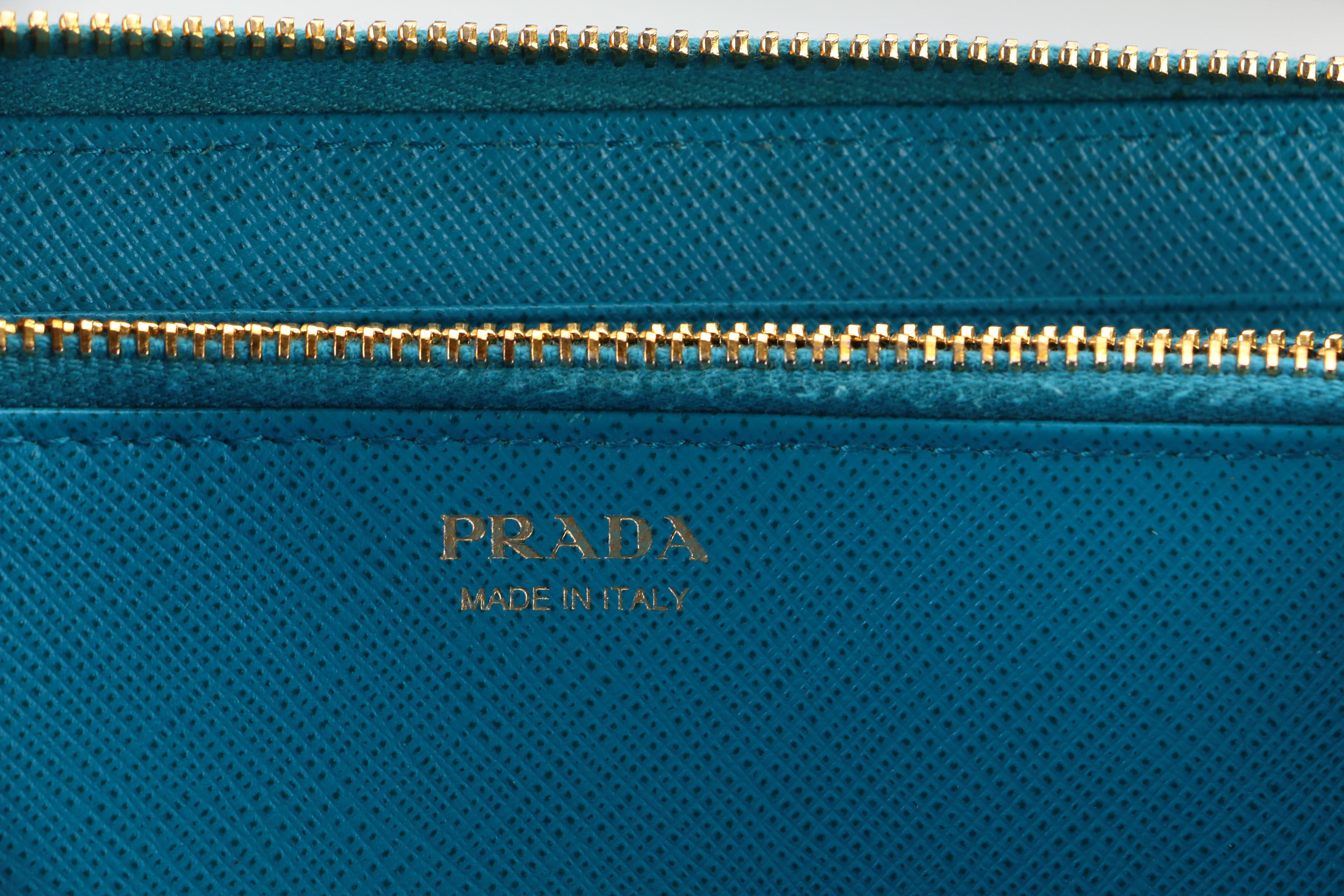 Prada Zippered Wallet 1ML506 in Celeste Saffiano Leather with Box