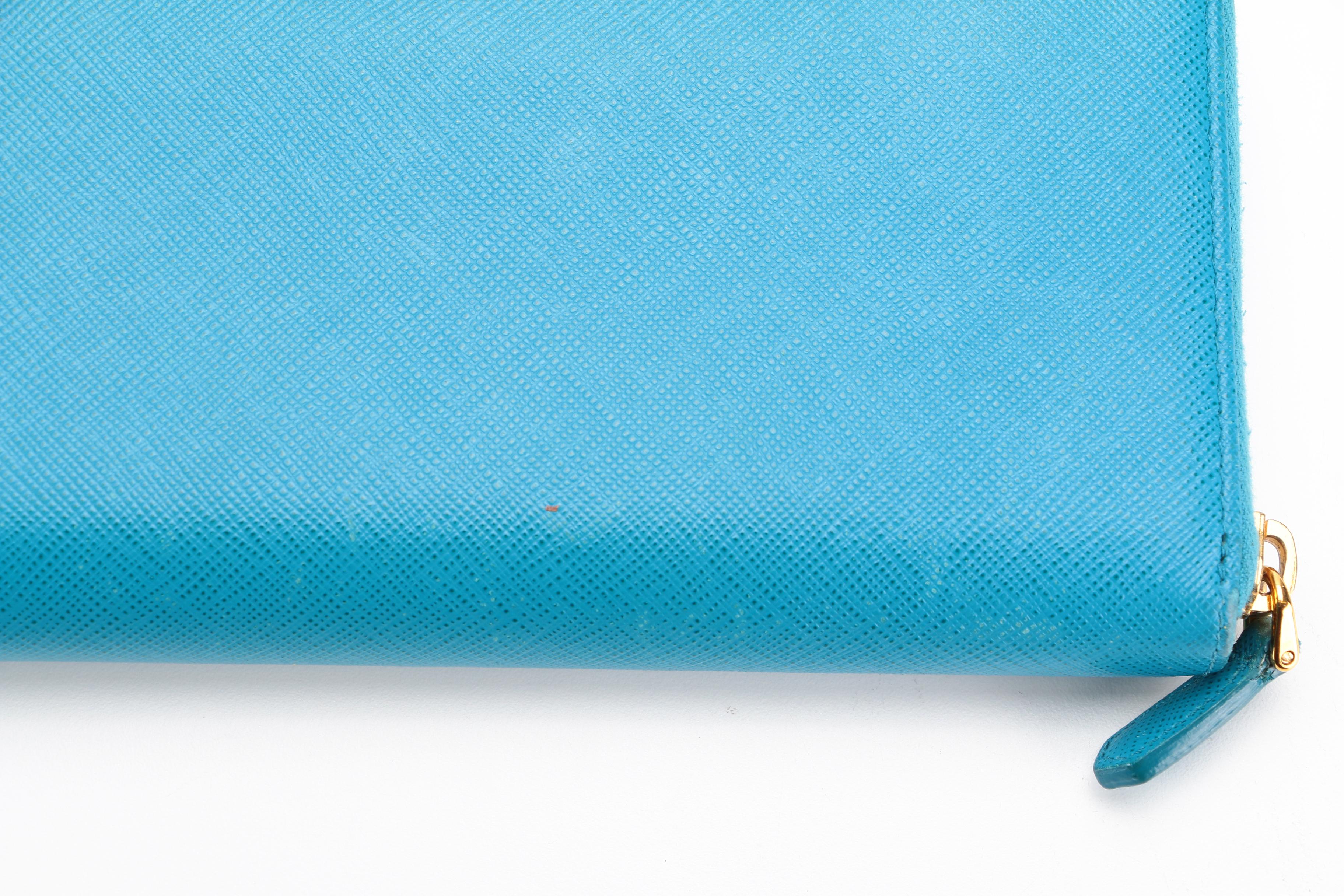 Prada Zippered Wallet 1ML506 in Celeste Saffiano Leather with Box