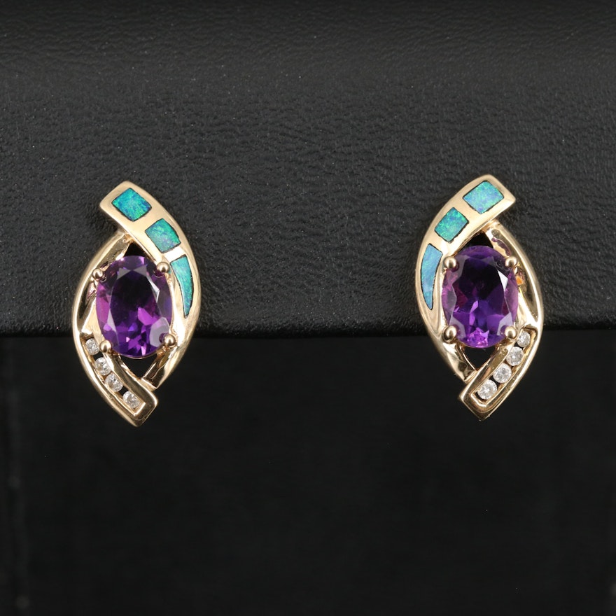 14K Amethyst, Diamond and Opal Earrings