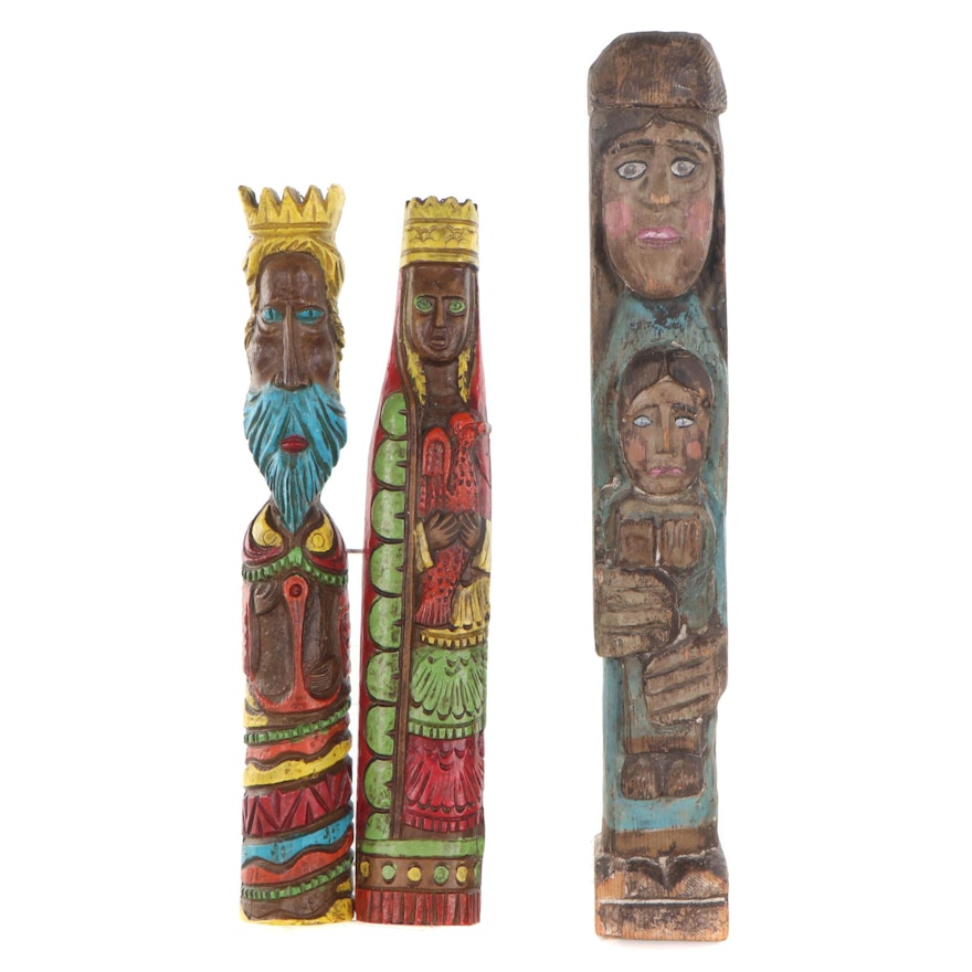 Hand-Painted Carved Wood Wall-Hanging Figural Sculptures