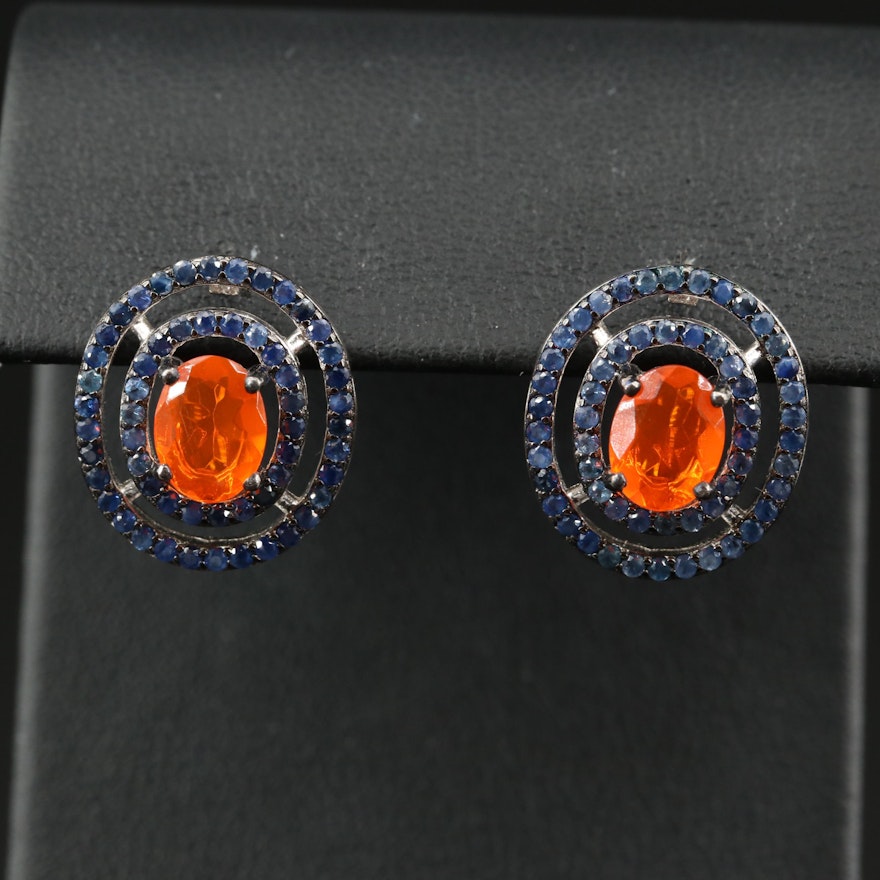 Sterling Fire Opal and Sapphire Double Halo Earrings