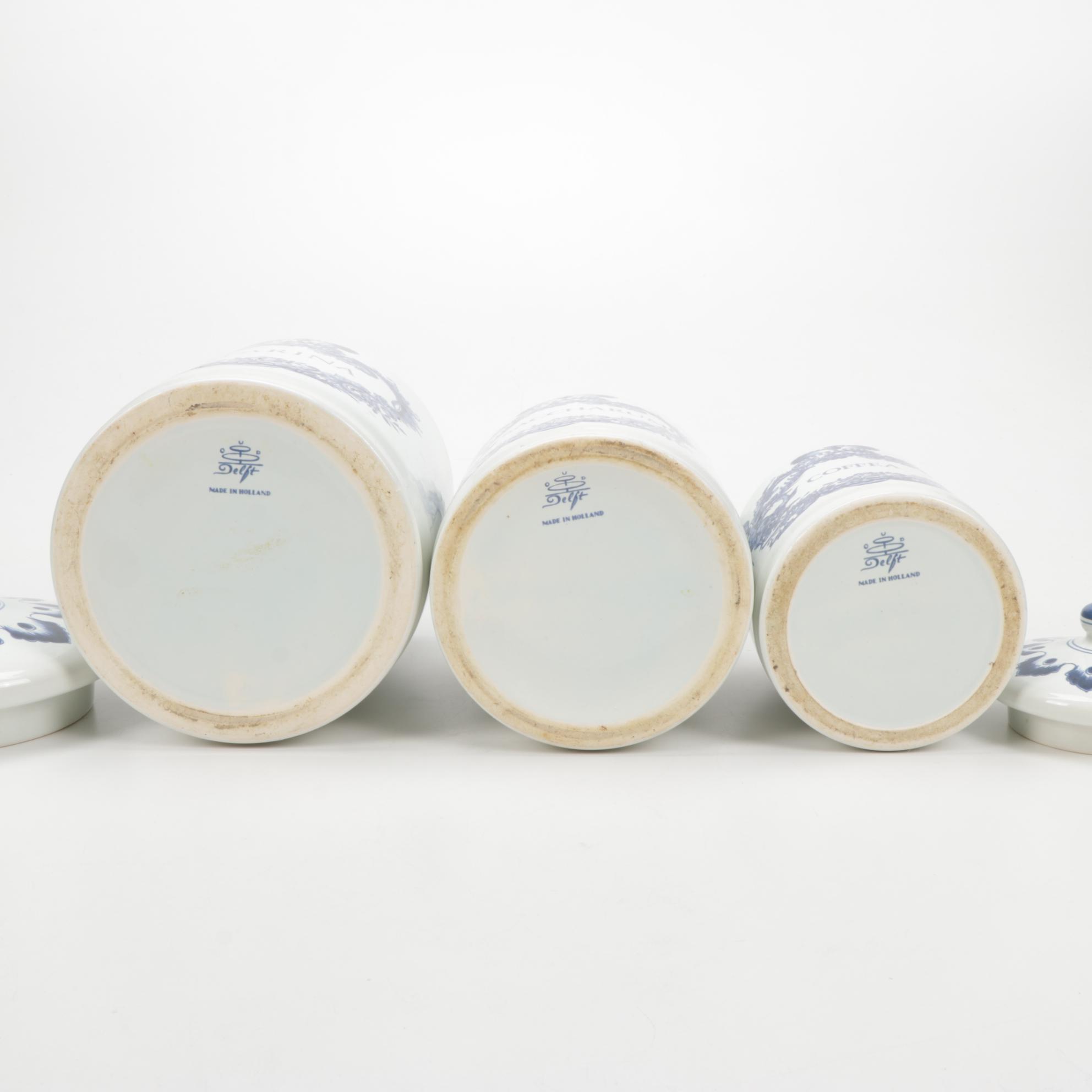Delft Flour, Sugar and Coffee Ceramic Canisters