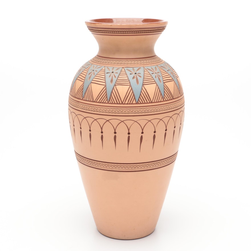 Salopian Pottery Arcs and Stars Incised  Glazed Interior Earthenware Vase