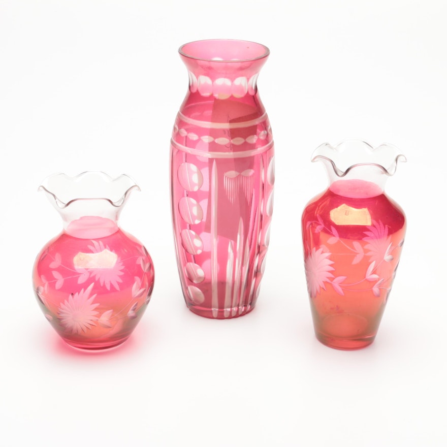 Lewis & Neblett Co. Etchted to Clear Cranberry Glass Vases