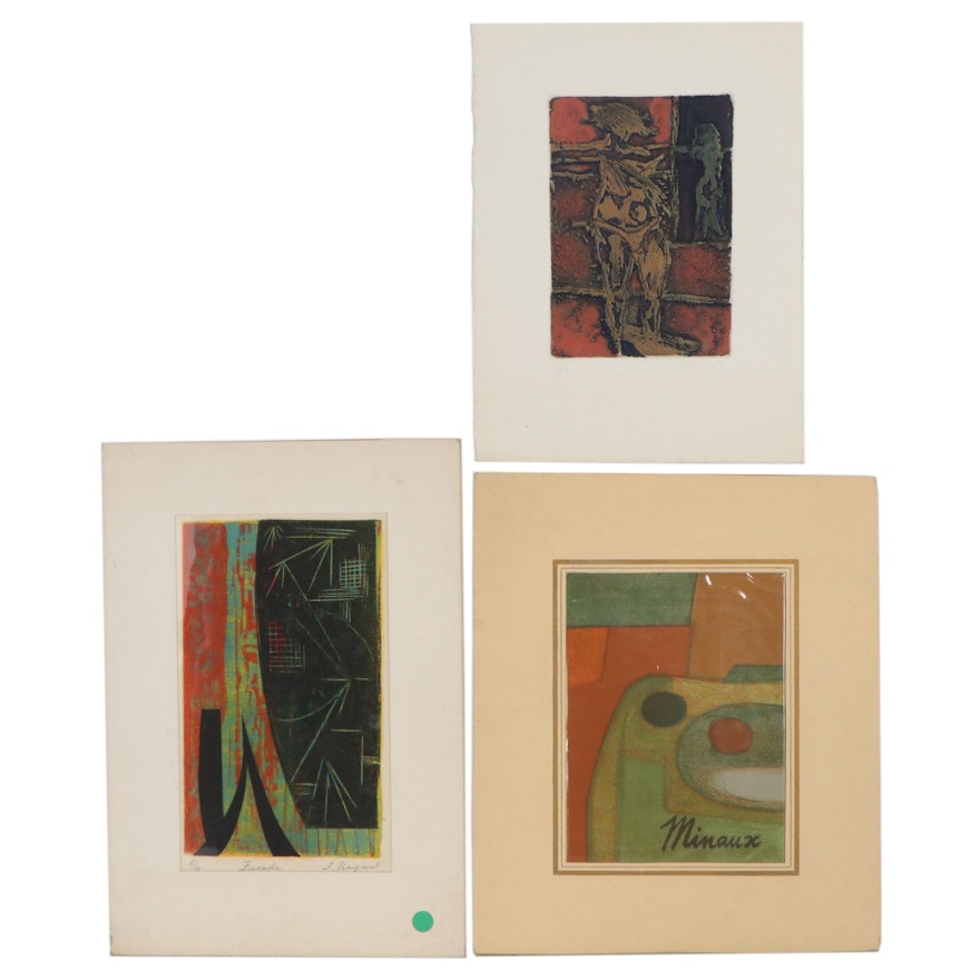 Abstract Lithograph, Linocut, and Etching With Aquatint, Mid-20th Century