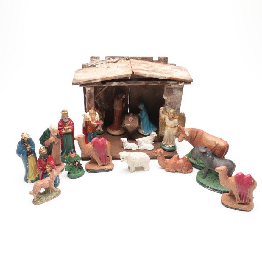 Christmas Nativity Ceramic Figurines with Wooden Stable