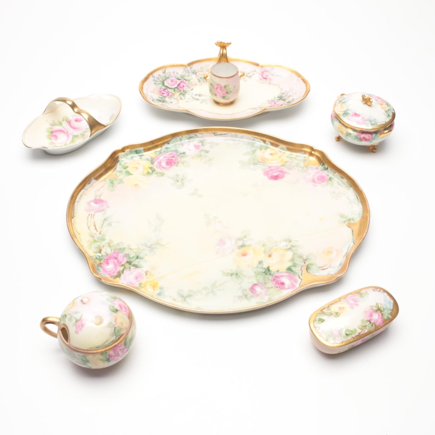 Hobbyist Hand-Painted Floral Porcelain Vanity Tray and Accessories