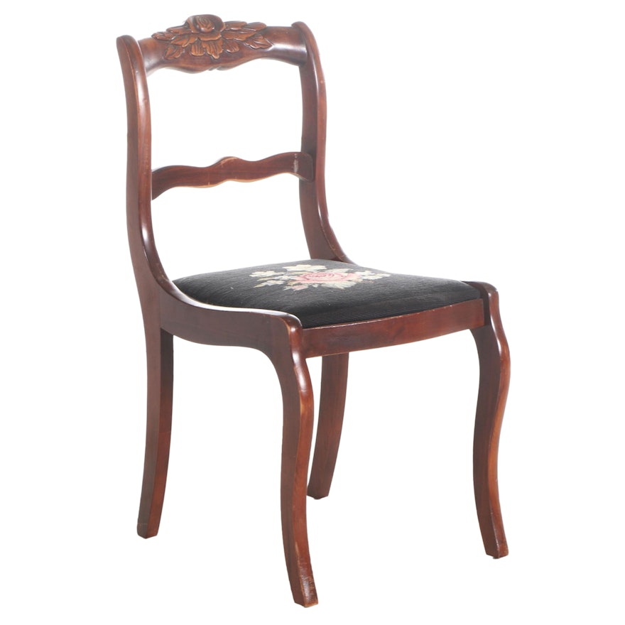 Victorian Style Walnut-Finish Needlepoint Upholstered Side Chair
