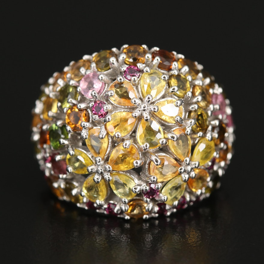 Sterling Sapphire, Tourmaline and Rhodolite Garnet Domed Floral Ring