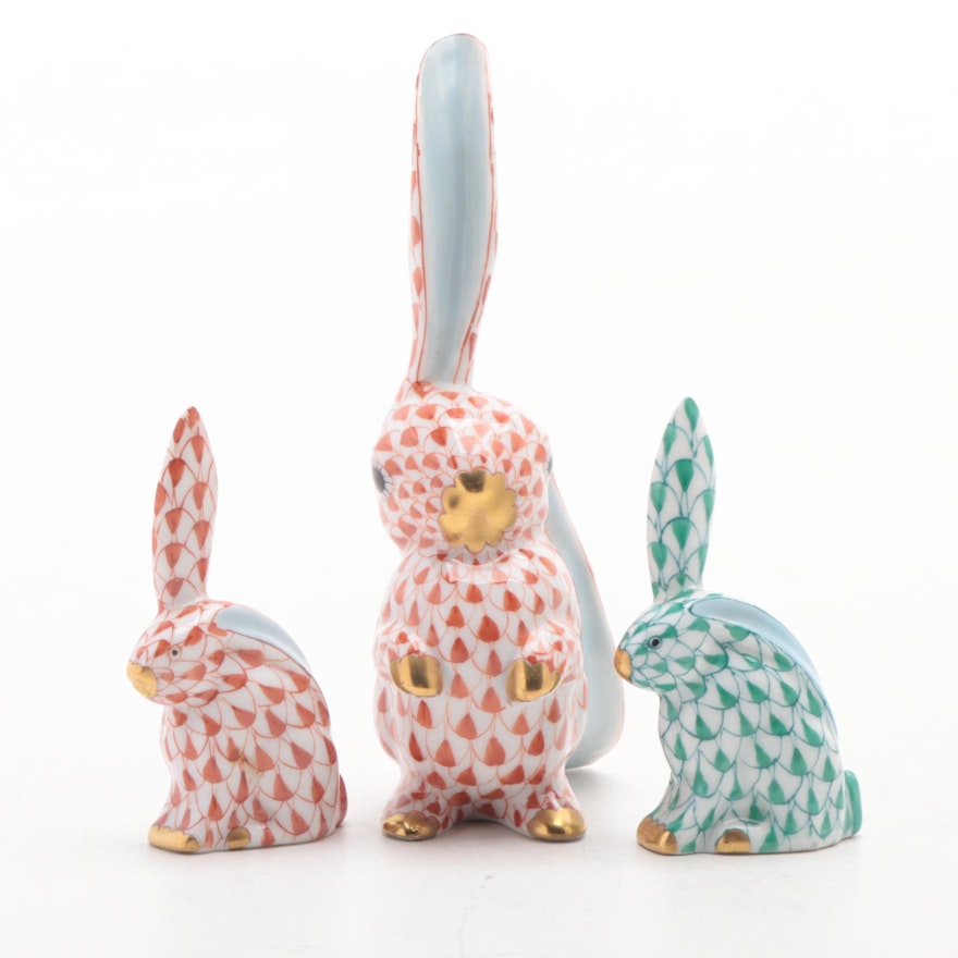 Herend Rust and Green Fishnet "Rabbit with One Ear Up" Figurines