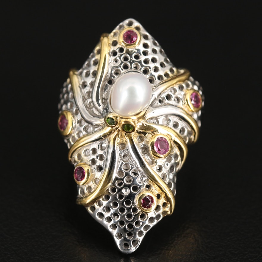 Sterling Pearl, Rhodolite Garnet and Diopside Octopus Ring