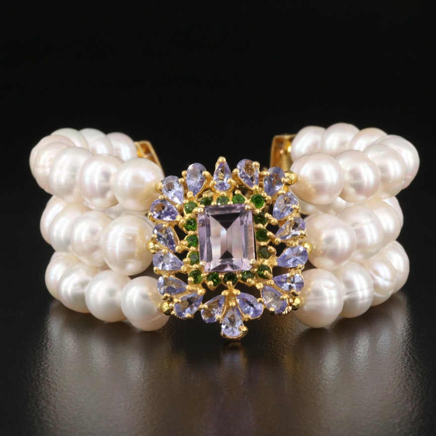 Triple Strand Pearl, Amethyst and Tanzanite Bracelet with Sterling Clasp
