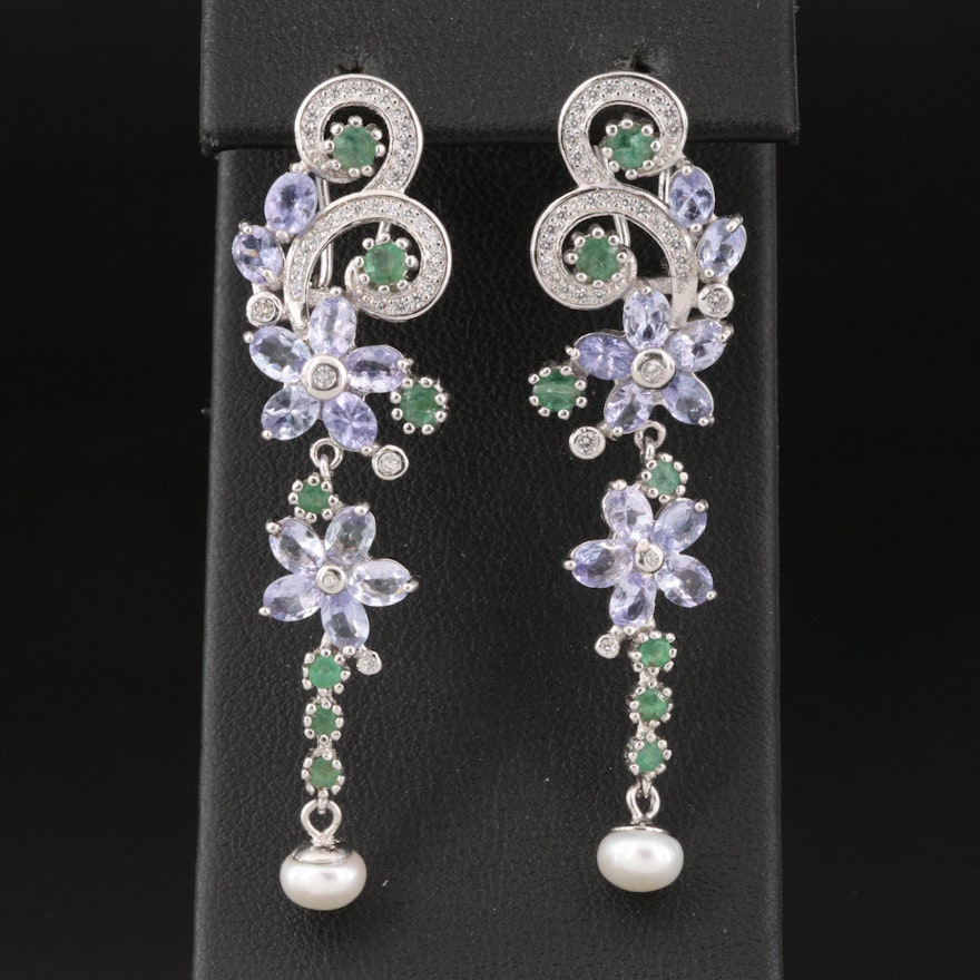 Sterling Silver Pearl, Tanzanite and Emerald Floral Drop Earrings