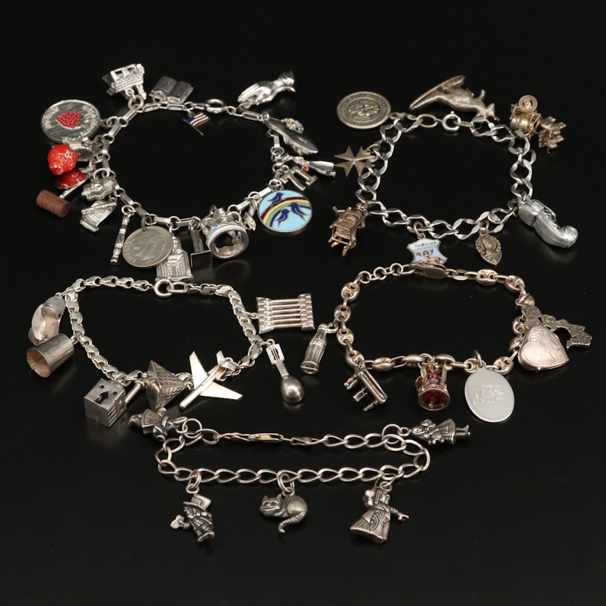 Selection of Vintage Charm Bracelets Featuring Sterling and 800 Silver Charms