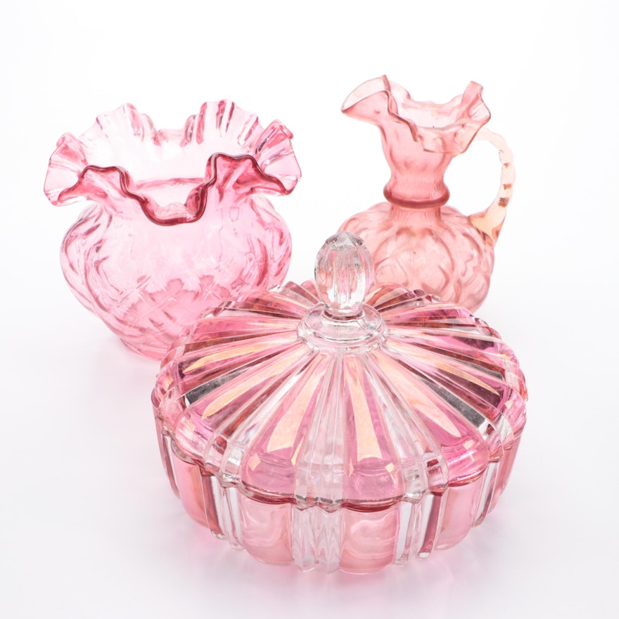 Anchor Hocking Pink Depression Glass Lidded Candy Dish and Vases