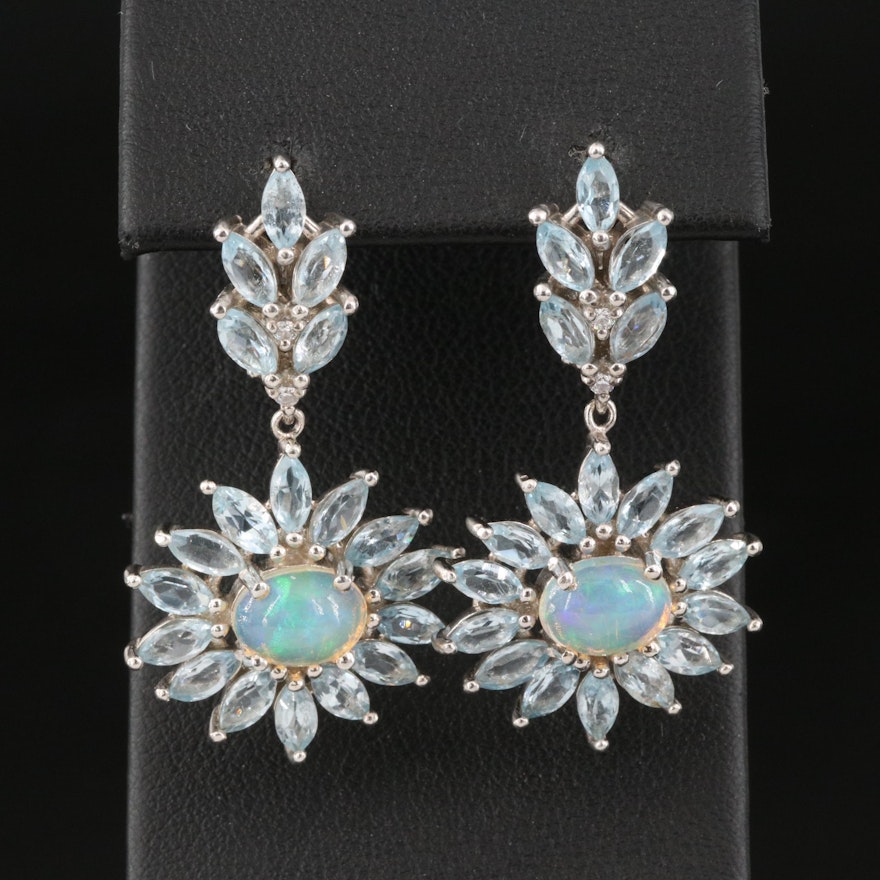 Sterling Silver Opal and Sky Blue Topaz Floral Motif Drop Earrings