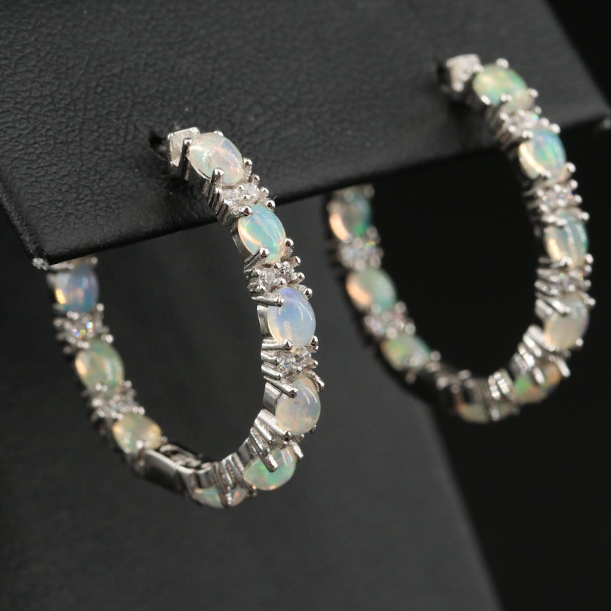 Sterling Opal and Cubic Zirconia Inside Out Hoop Earrings