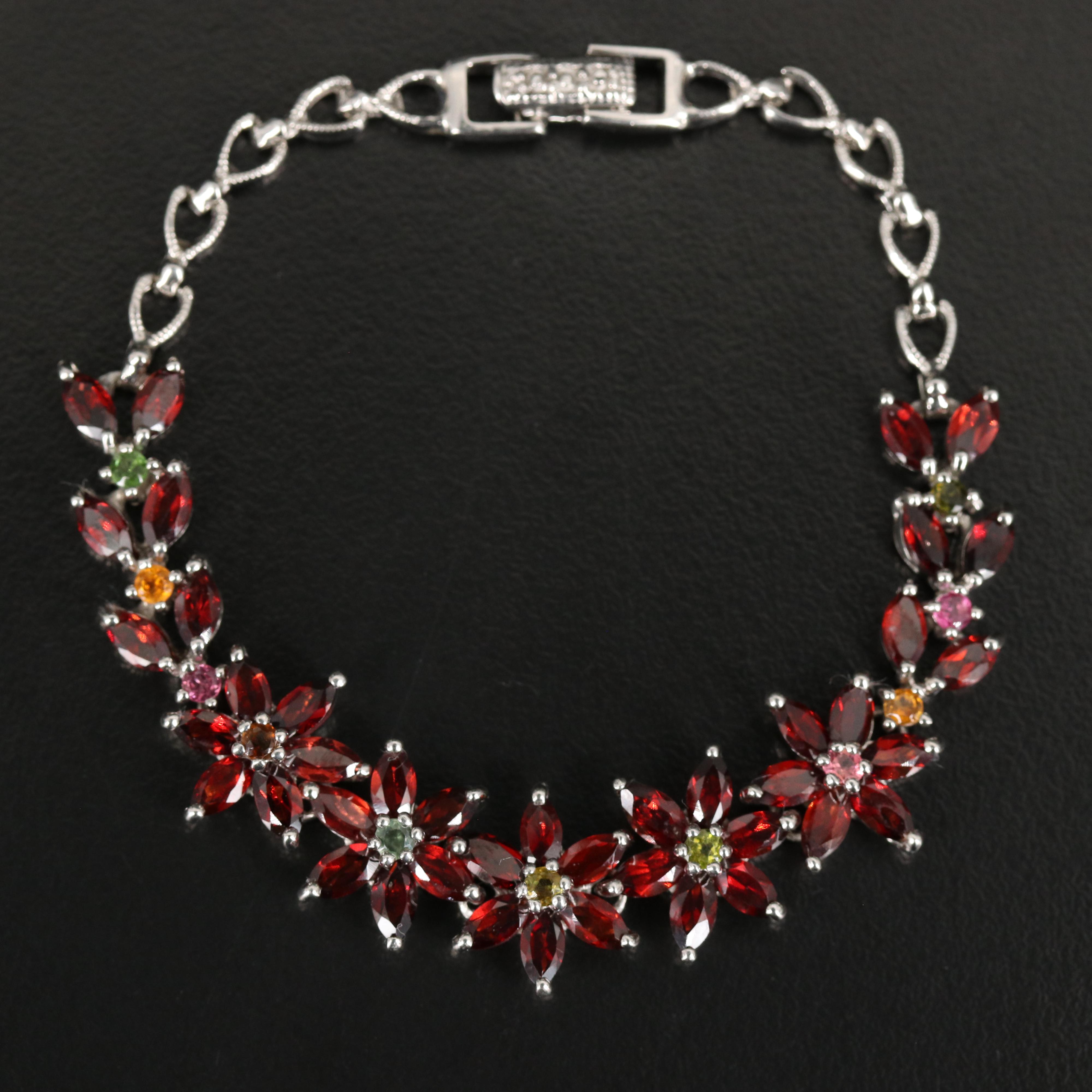 Sterling Garnet and Tourmaline Flower Link Bracelet