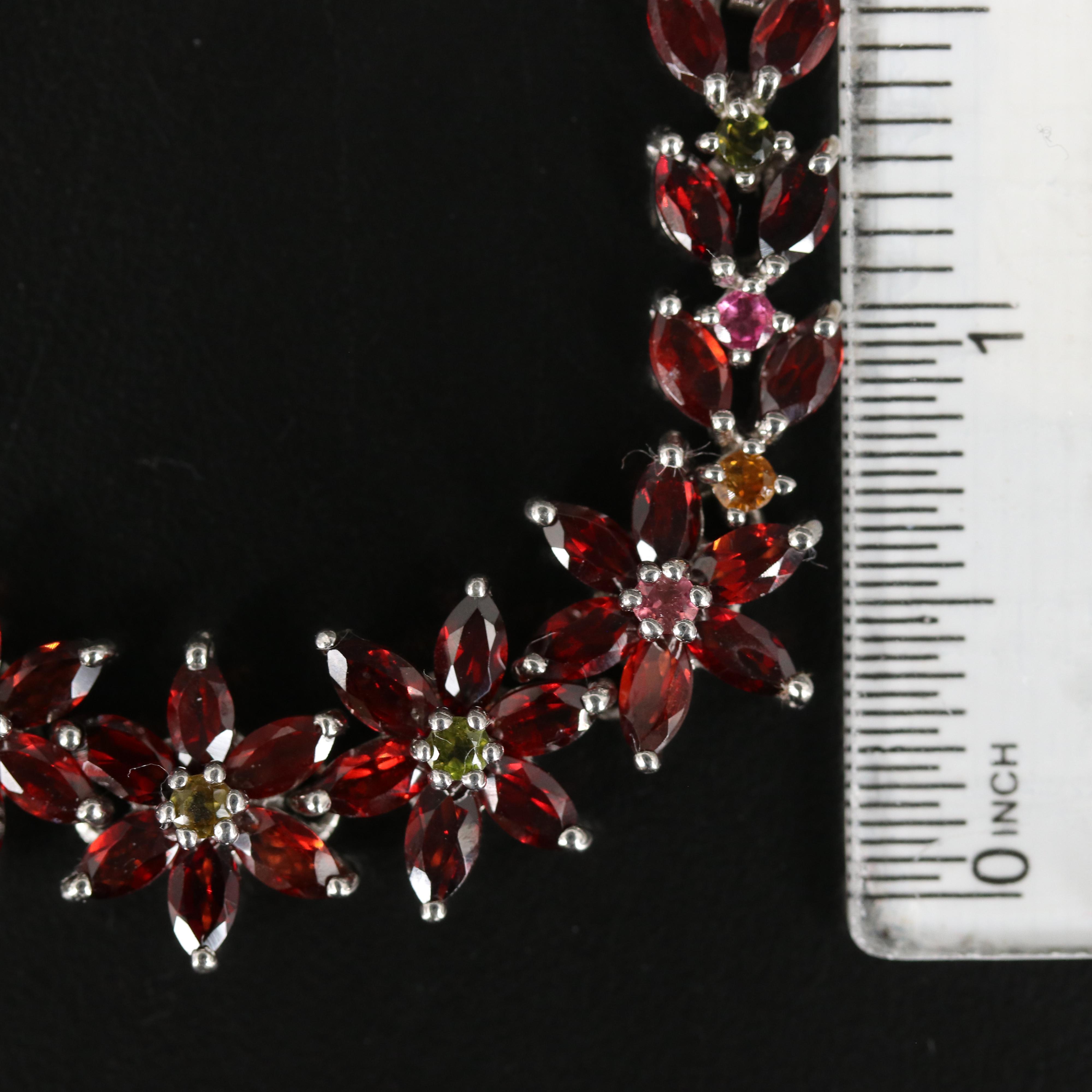 Sterling Garnet and Tourmaline Flower Link Bracelet