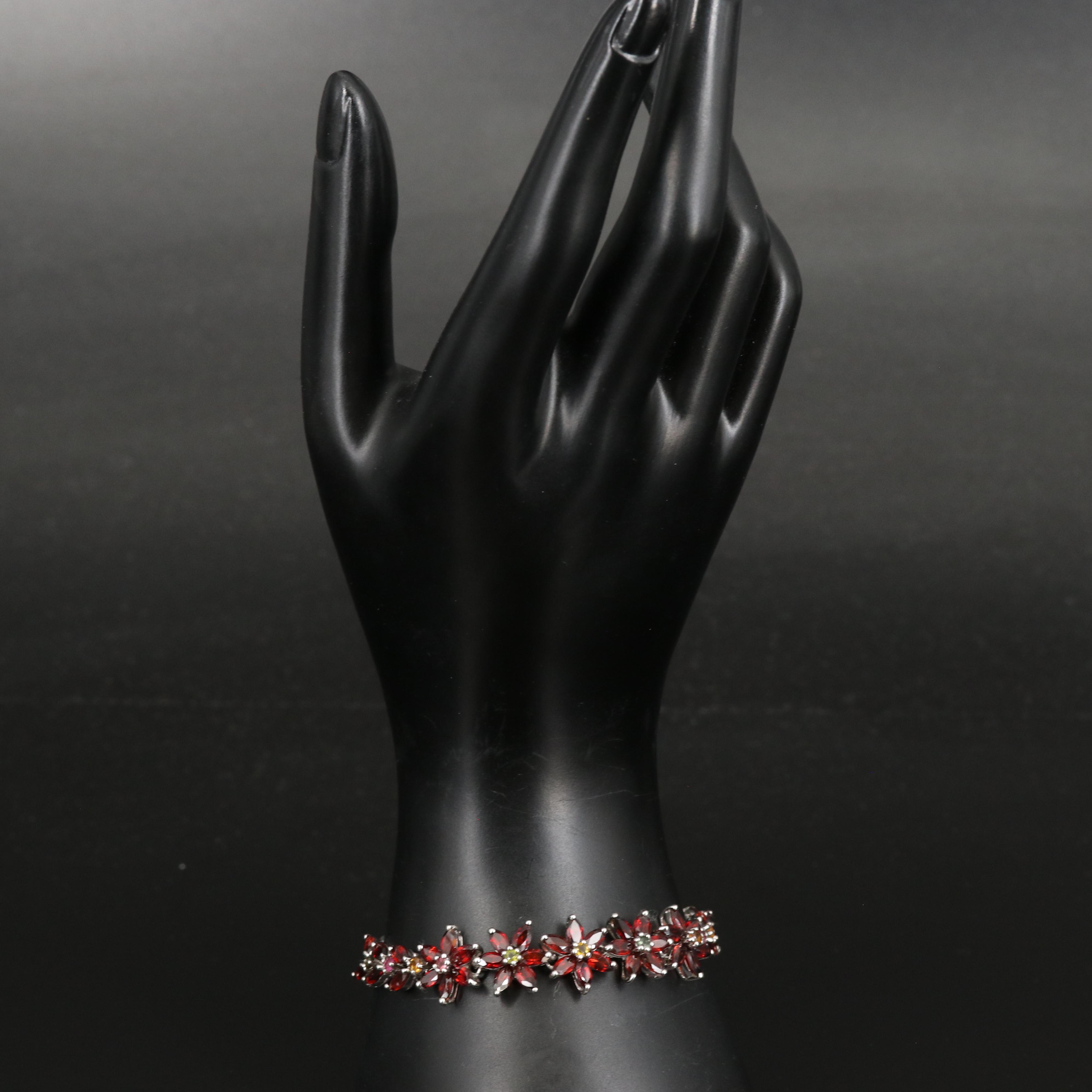 Sterling Garnet and Tourmaline Flower Link Bracelet