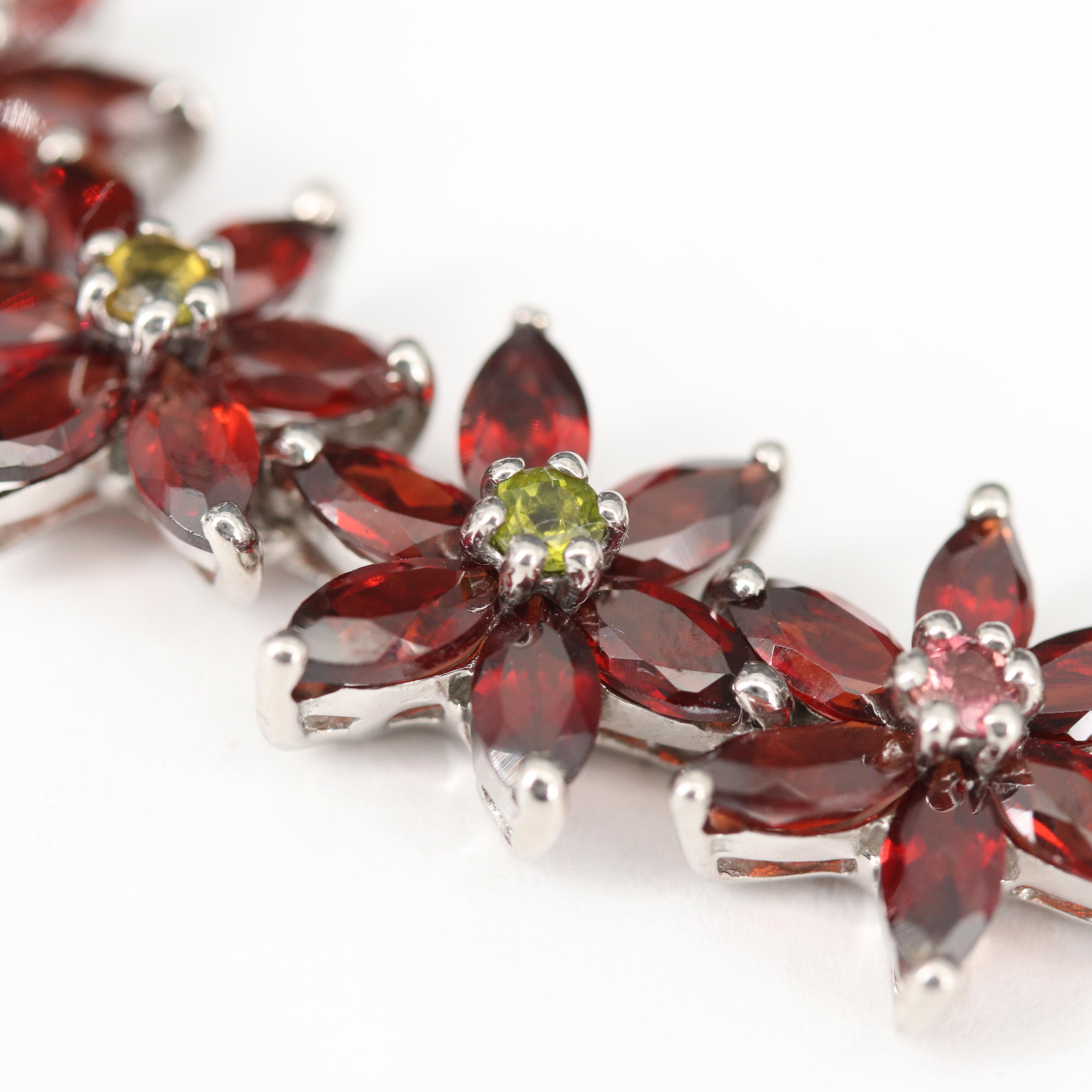 Sterling Garnet and Tourmaline Flower Link Bracelet
