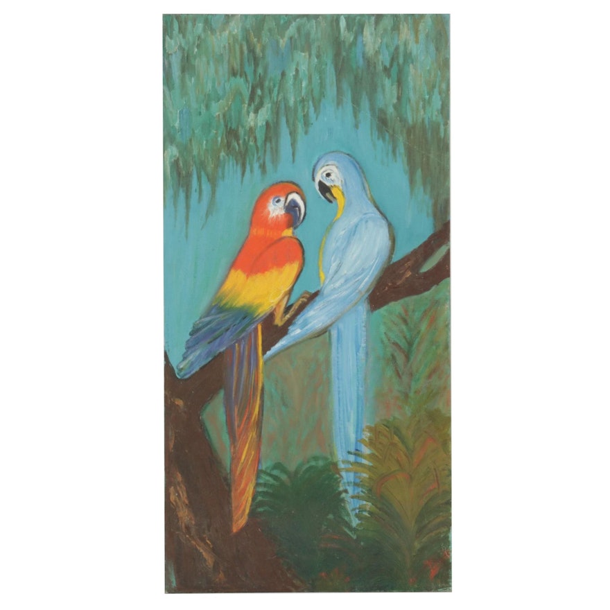 Parrots Portrait Oil Painting, Mid-Late 20th Century