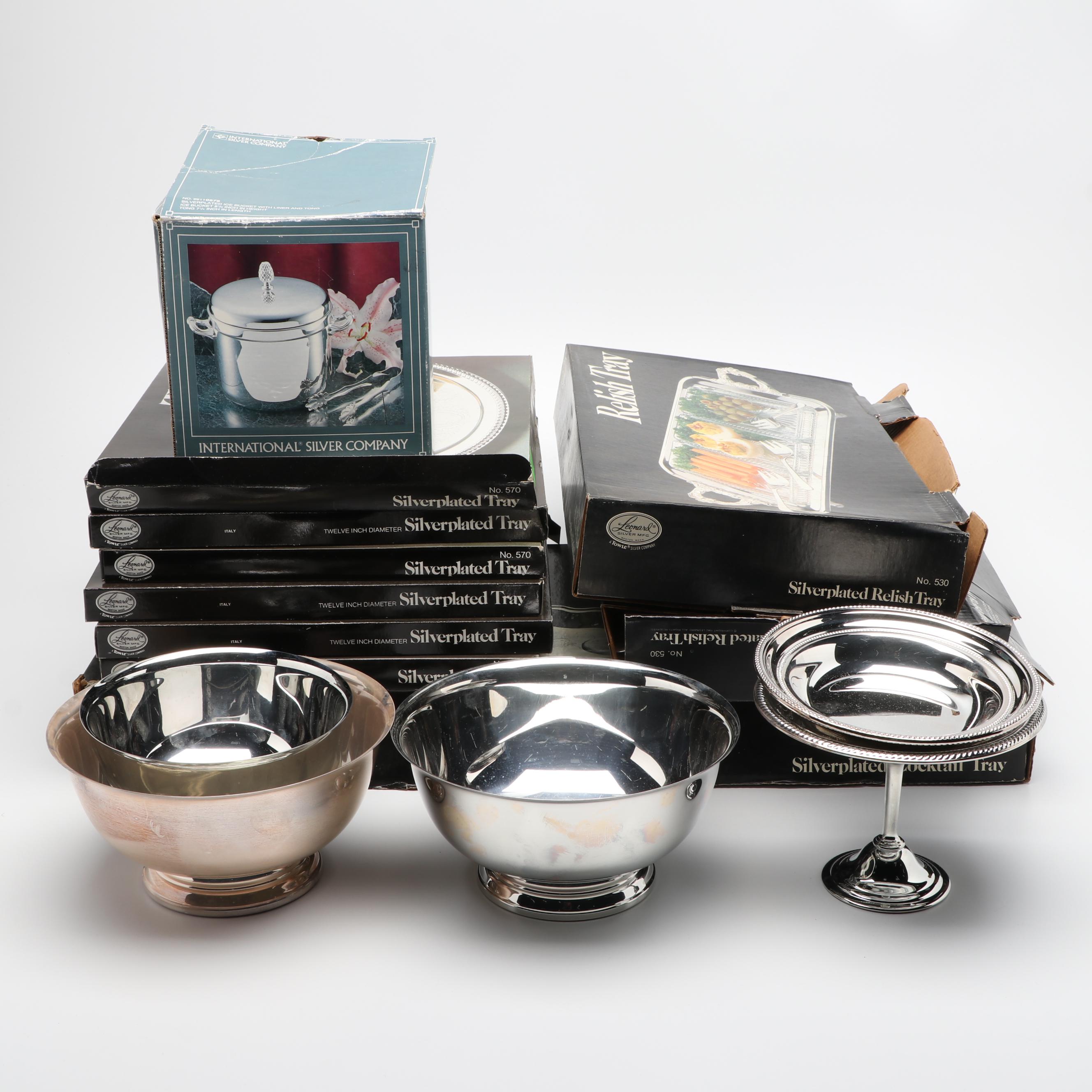 Leonard and International Silver Plate Serving Trays, Cocktail Trays and Bowls