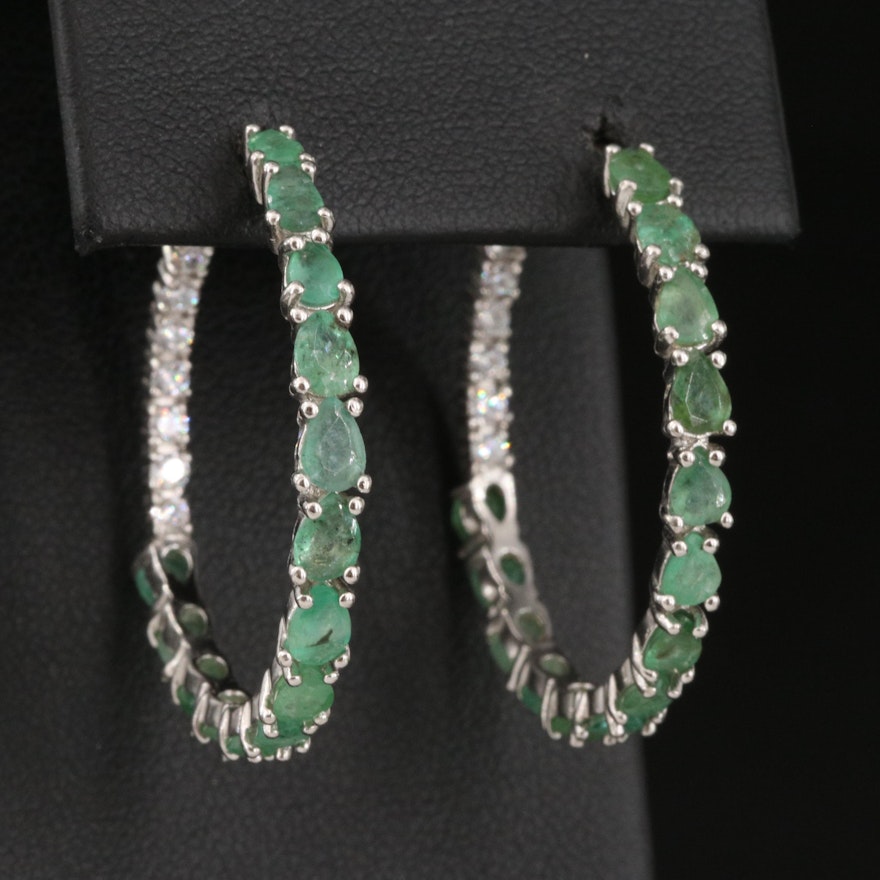 Sterling Emerald and Cubic Zirconia Inside-Out Hoop Earrings