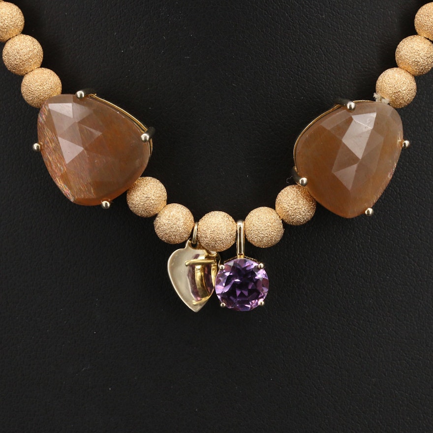 Sterling Amethyst and Sunstone Necklace with Heart Charm