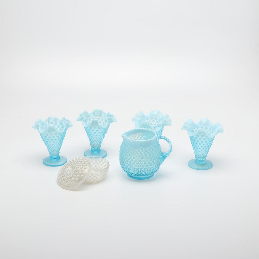 Ruffled Hobnail Glass Vases, Creamer, and Lidded Box