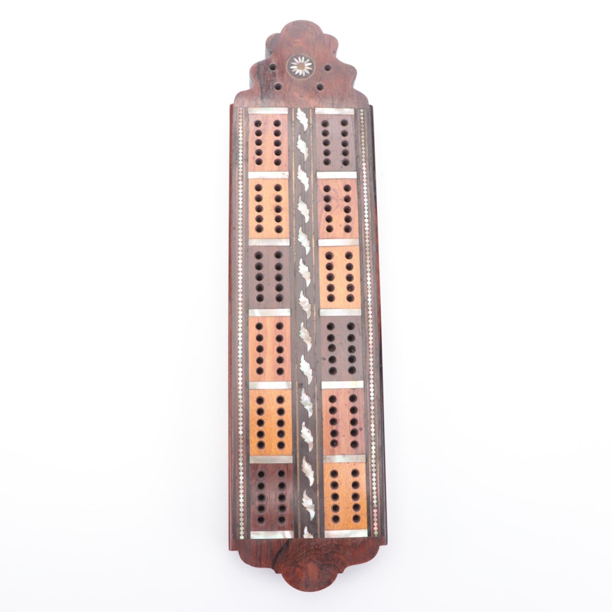 Cribbage Wooden Board Game with Mother-of-Pearl Inlay, Mid-20th C.
