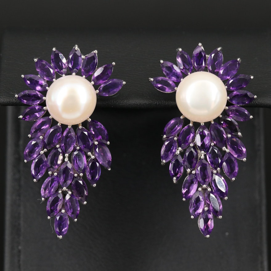 Sterling Pearl and Amethyst Cluster Earrings