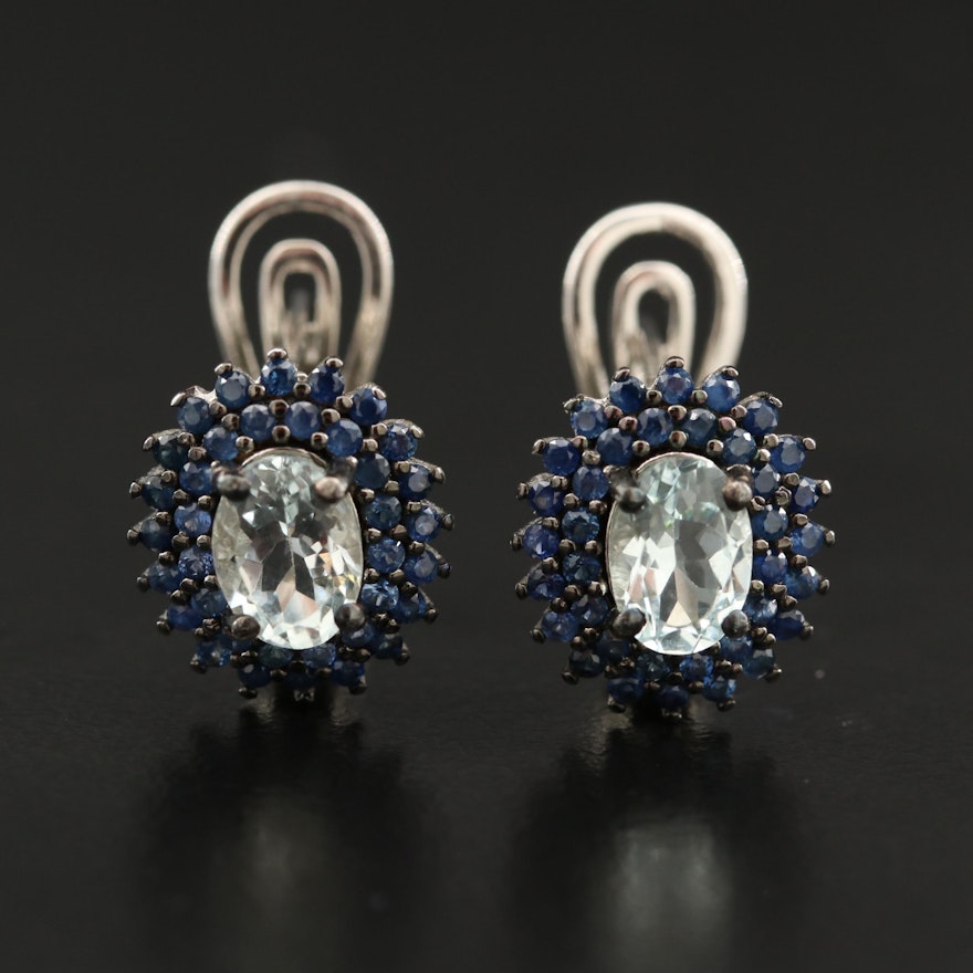 Sterling Aquamarine and Sapphire Halo Earrings