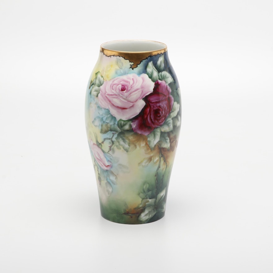 Tressemanes & Vogt Rose Motif Limoges Porcelain Vase, Late 19th to Early 20th C.