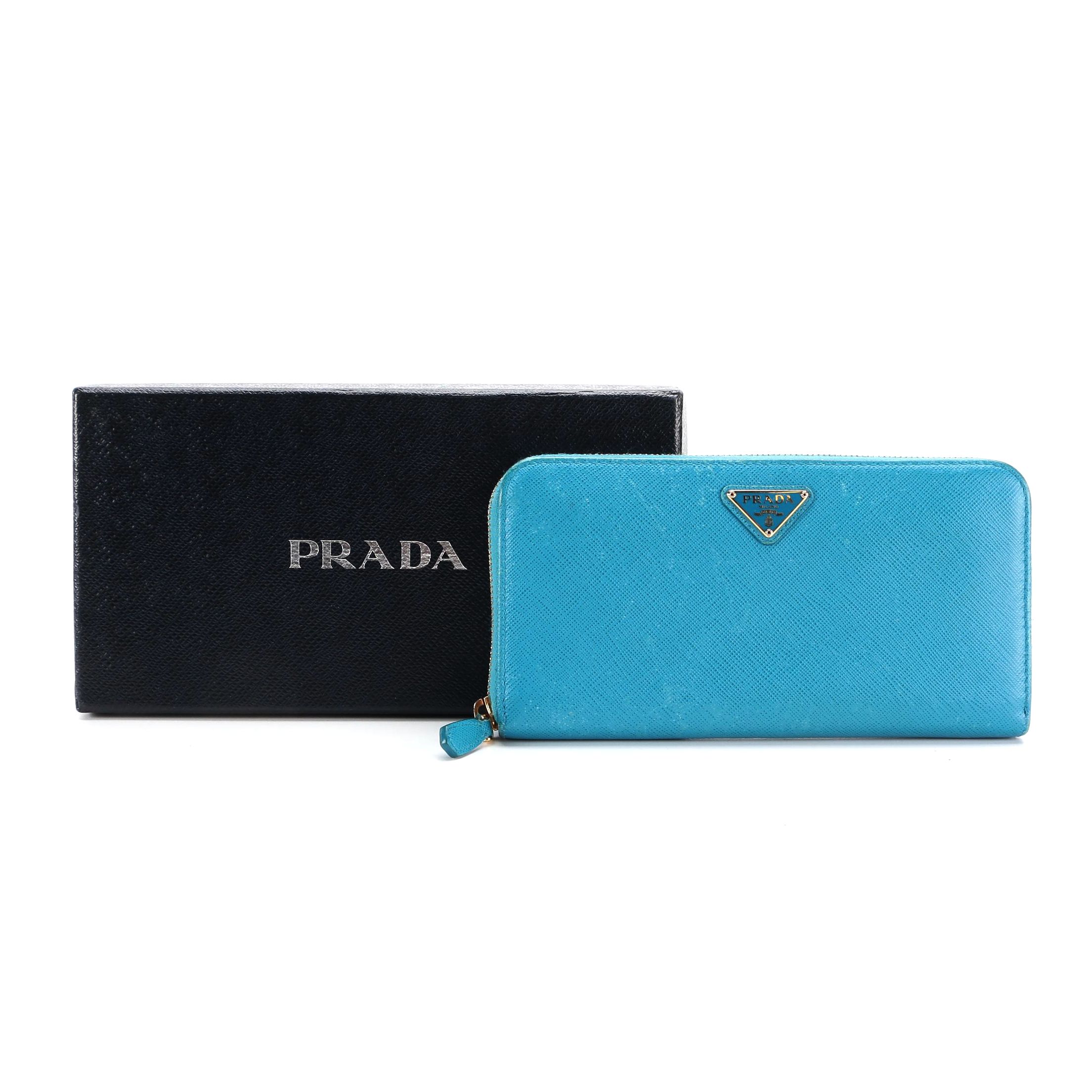 Prada Zippered Wallet 1ML506 in Celeste Saffiano Leather with Box