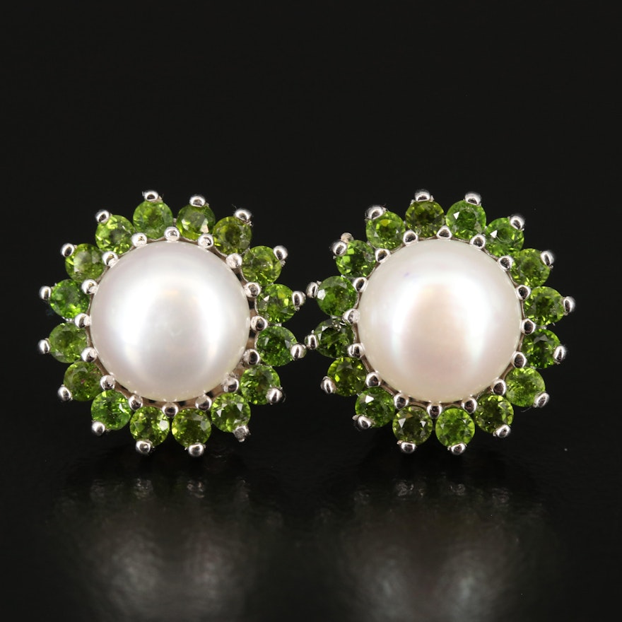 Sterling Pearl and Diopside Earrings