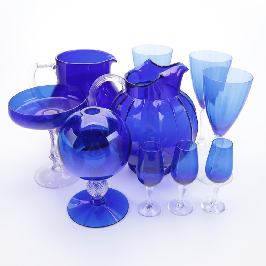 Twist Stem Ivy Ball Vase and Other Cobalt Blue Glass Tableware, Late 20th C.